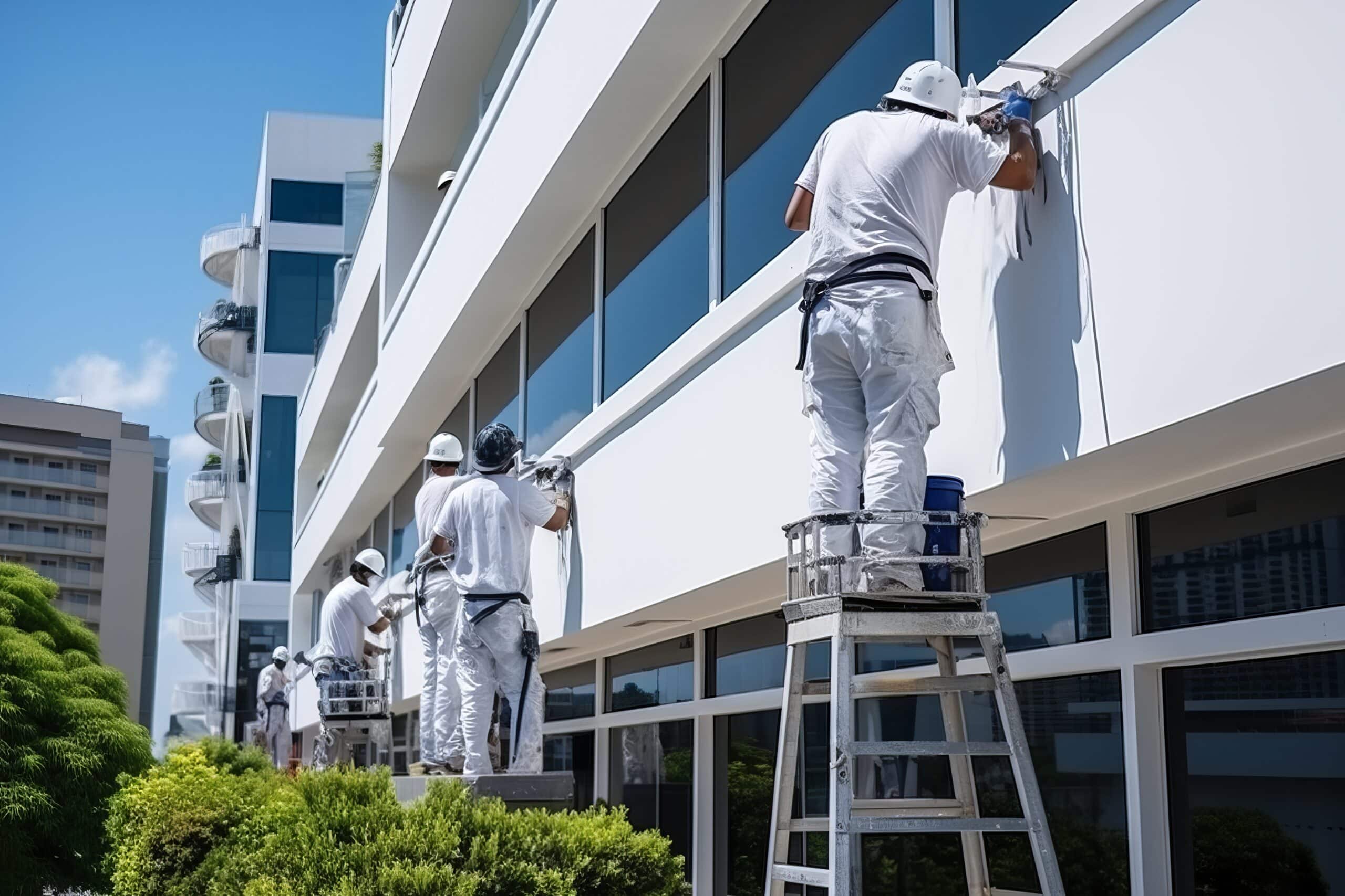 A group of painters repainting the exterior of a high rise office building