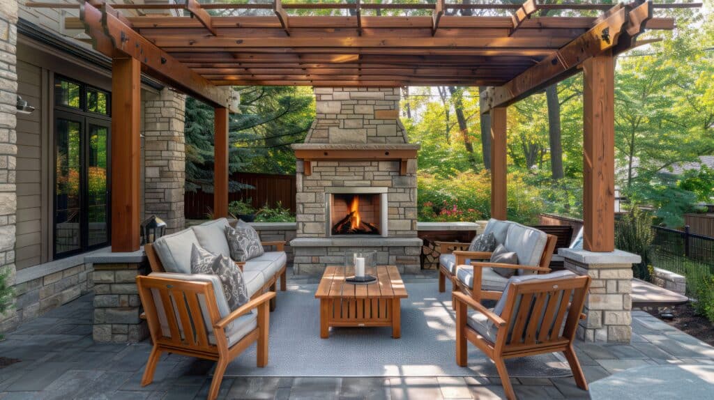 Outdoor living space with a stone fireplace and wooden furniture under a pergola